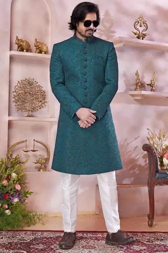 green computer thread work sherwani with faux satin churidar for men