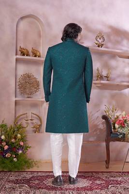 green computer thread work sherwani with faux satin churidar for men 3