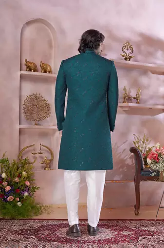 green computer thread work sherwani with faux satin churidar for men