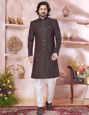 maroon computer thread work sherwani with faux satin churidar 1