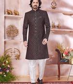 Maroon computer thread work sherwani with faux satin Churidar