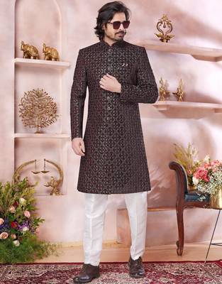 maroon computer thread work sherwani with faux satin churidar 2