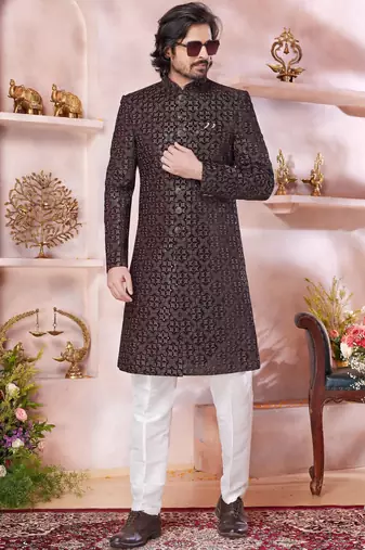 maroon computer thread work sherwani with faux satin churidar
