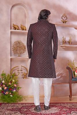 maroon computer thread work sherwani with faux satin churidar 3