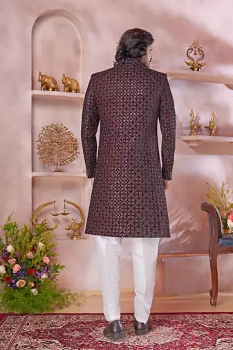 maroon computer thread work sherwani with faux satin churidar