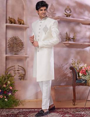 cream jacquard banarasi silk sherwani with faux satin churidar for men 1