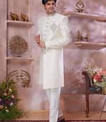 Cream jacquard banarasi silk sherwani with faux satin Churidar for men