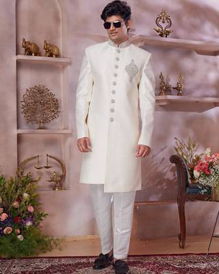 cream jacquard banarasi silk sherwani with faux satin churidar for men 2