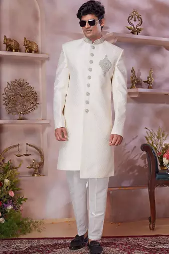cream jacquard banarasi silk sherwani with faux satin churidar for men