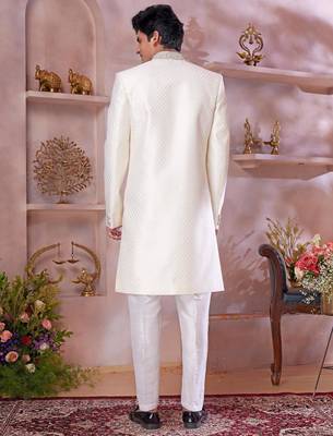 cream jacquard banarasi silk sherwani with faux satin churidar for men 3