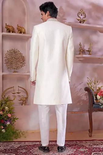 cream jacquard banarasi silk sherwani with faux satin churidar for men