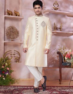 gold jacquard banarasi silk sherwani with faux satin churidar for men 1