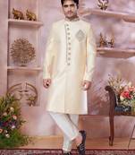 Gold jacquard banarasi silk sherwani with faux satin Churidar for men