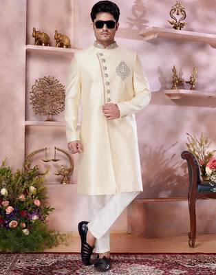 gold jacquard banarasi silk sherwani with faux satin churidar for men 2