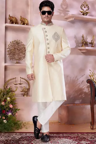 gold jacquard banarasi silk sherwani with faux satin churidar for men