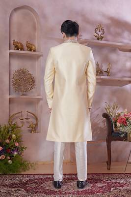 gold jacquard banarasi silk sherwani with faux satin churidar for men 3