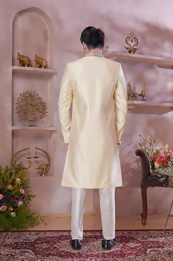 gold jacquard banarasi silk sherwani with faux satin churidar for men