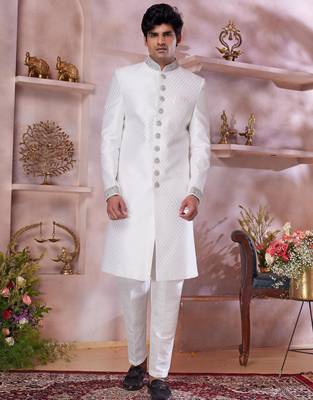 off white jacquard banarasi silk sherwani with faux satin churidar for men 1