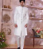 Off white jacquard banarasi silk sherwani with faux satin Churidar for men