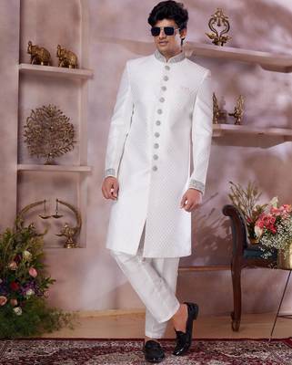 off white jacquard banarasi silk sherwani with faux satin churidar for men 2