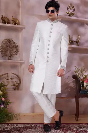off white jacquard banarasi silk sherwani with faux satin churidar for men