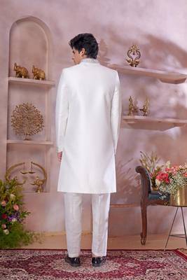 off white jacquard banarasi silk sherwani with faux satin churidar for men 3