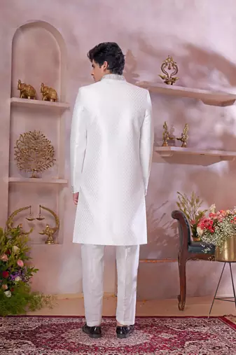 off white jacquard banarasi silk sherwani with faux satin churidar for men