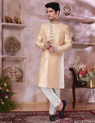 dark gold jacquard banarasi silk sherwani with faux satin churidar for men 1