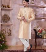 Dark gold jacquard banarasi silk sherwani with faux satin Churidar for men