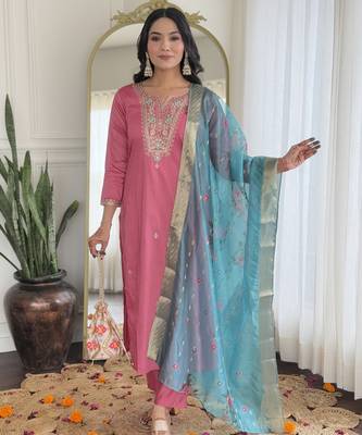 Women  Embroidery Work with Viscose Silk Straight Kurta Pant and Dupatta Set 1