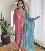 Women  Embroidery Work with Viscose Silk Straight Kurta Pant and Dupatta Set
