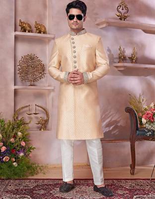 dark gold jacquard banarasi silk sherwani with faux satin churidar for men 2