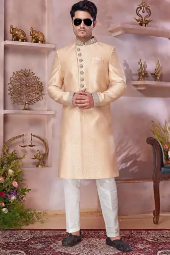 dark gold jacquard banarasi silk sherwani with faux satin churidar for men