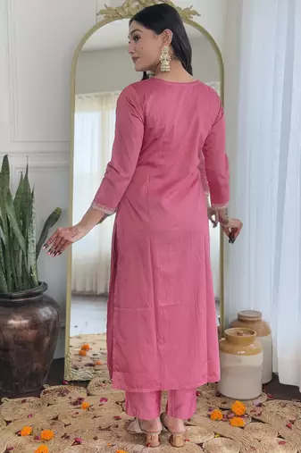 Women  Embroidery Work with Viscose Silk Straight Kurta Pant and Dupatta Set