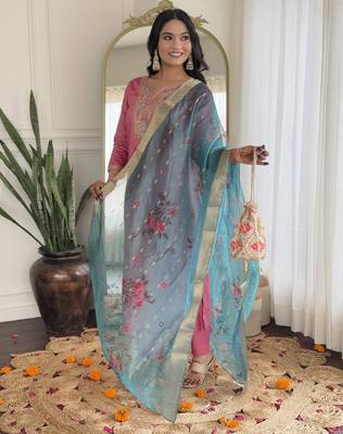 Women  Embroidery Work with Viscose Silk Straight Kurta Pant and Dupatta Set 3