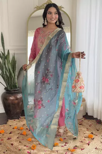 Women  Embroidery Work with Viscose Silk Straight Kurta Pant and Dupatta Set