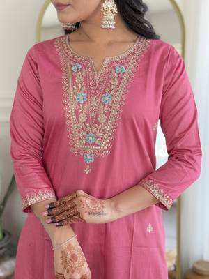 Women  Embroidery Work with Viscose Silk Straight Kurta Pant and Dupatta Set 4