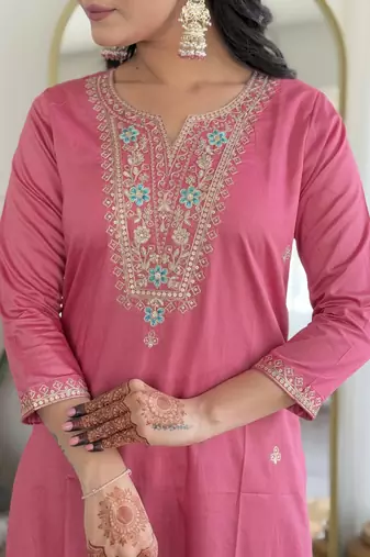 Women  Embroidery Work with Viscose Silk Straight Kurta Pant and Dupatta Set