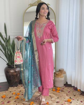 Women  Embroidery Work with Viscose Silk Straight Kurta Pant and Dupatta Set 5