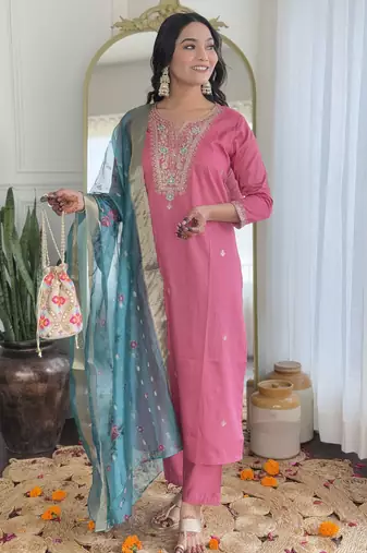 Women  Embroidery Work with Viscose Silk Straight Kurta Pant and Dupatta Set