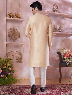 dark gold jacquard banarasi silk sherwani with faux satin churidar for men 3