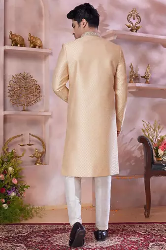 dark gold jacquard banarasi silk sherwani with faux satin churidar for men