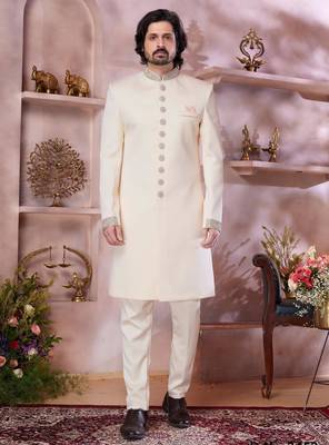 cream imported plain fabric sherwani with faux satin churidar foe men 1