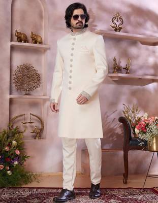 cream imported plain fabric sherwani with faux satin churidar foe men 2