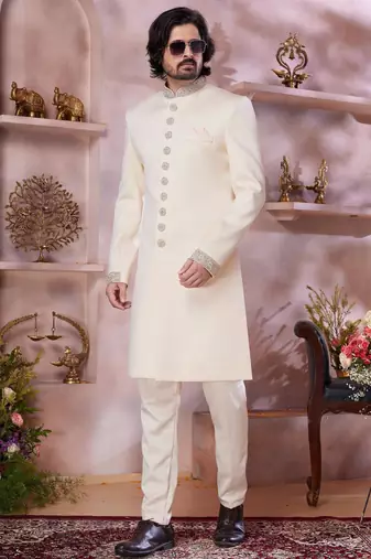 cream imported plain fabric sherwani with faux satin churidar foe men