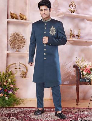 green imported plain fabric sherwani with faux satin churidar for men 1