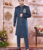 Green imported plain fabric sherwani with faux satin Churidar for Men