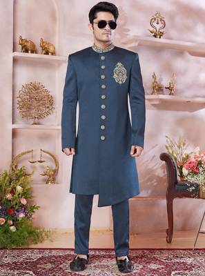 green imported plain fabric sherwani with faux satin churidar for men 2