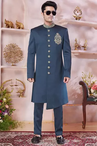 green imported plain fabric sherwani with faux satin churidar for men