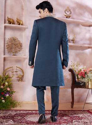 green imported plain fabric sherwani with faux satin churidar for men 3